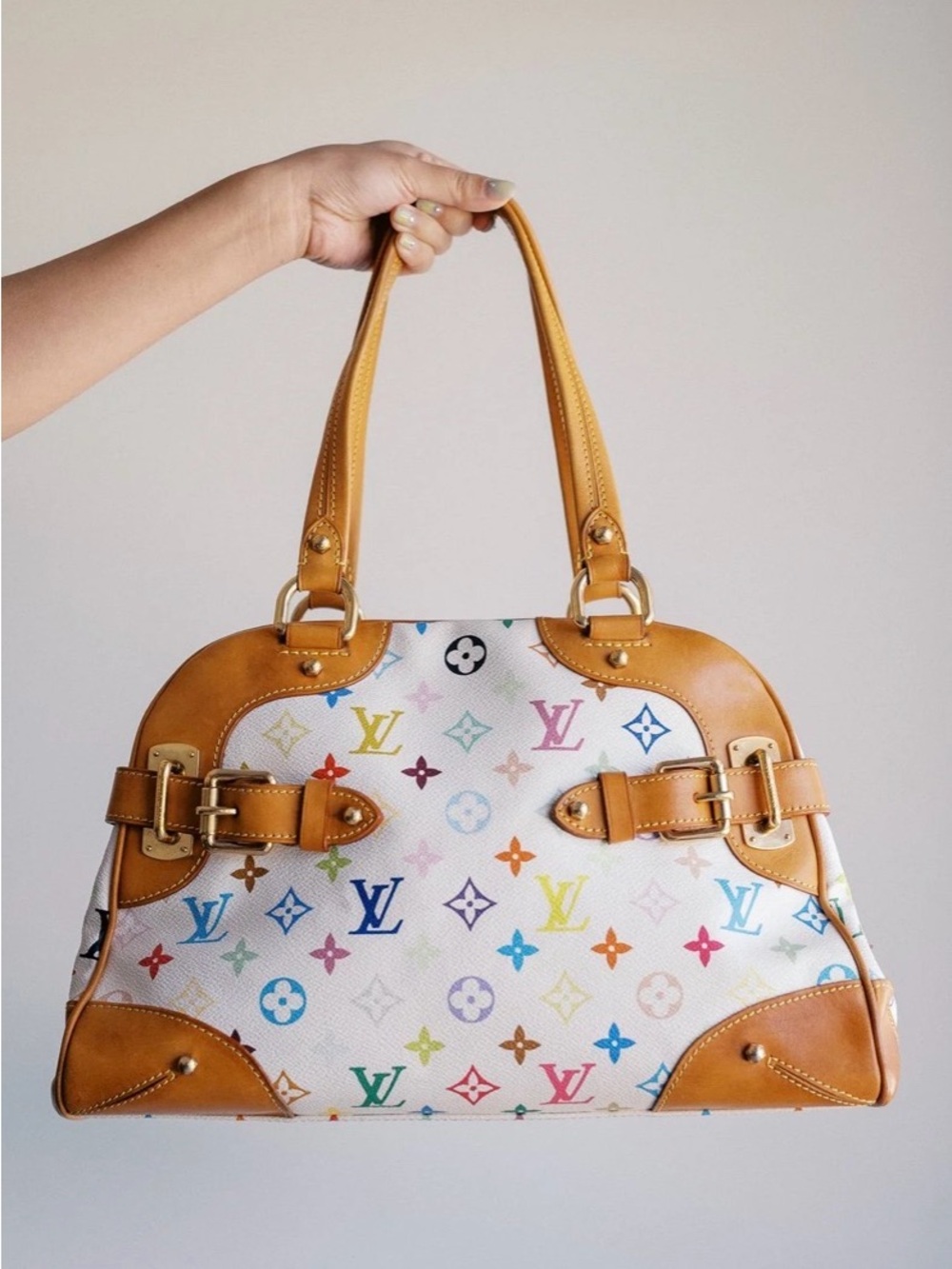 Louis Vuitton White Multicolor Monogram Canvas Shoulder Bag with Tan Leather - Picture 6 of 7